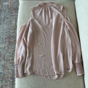 Ivanka Trump high neck shoulder cut out blouse, size medium, rose gold